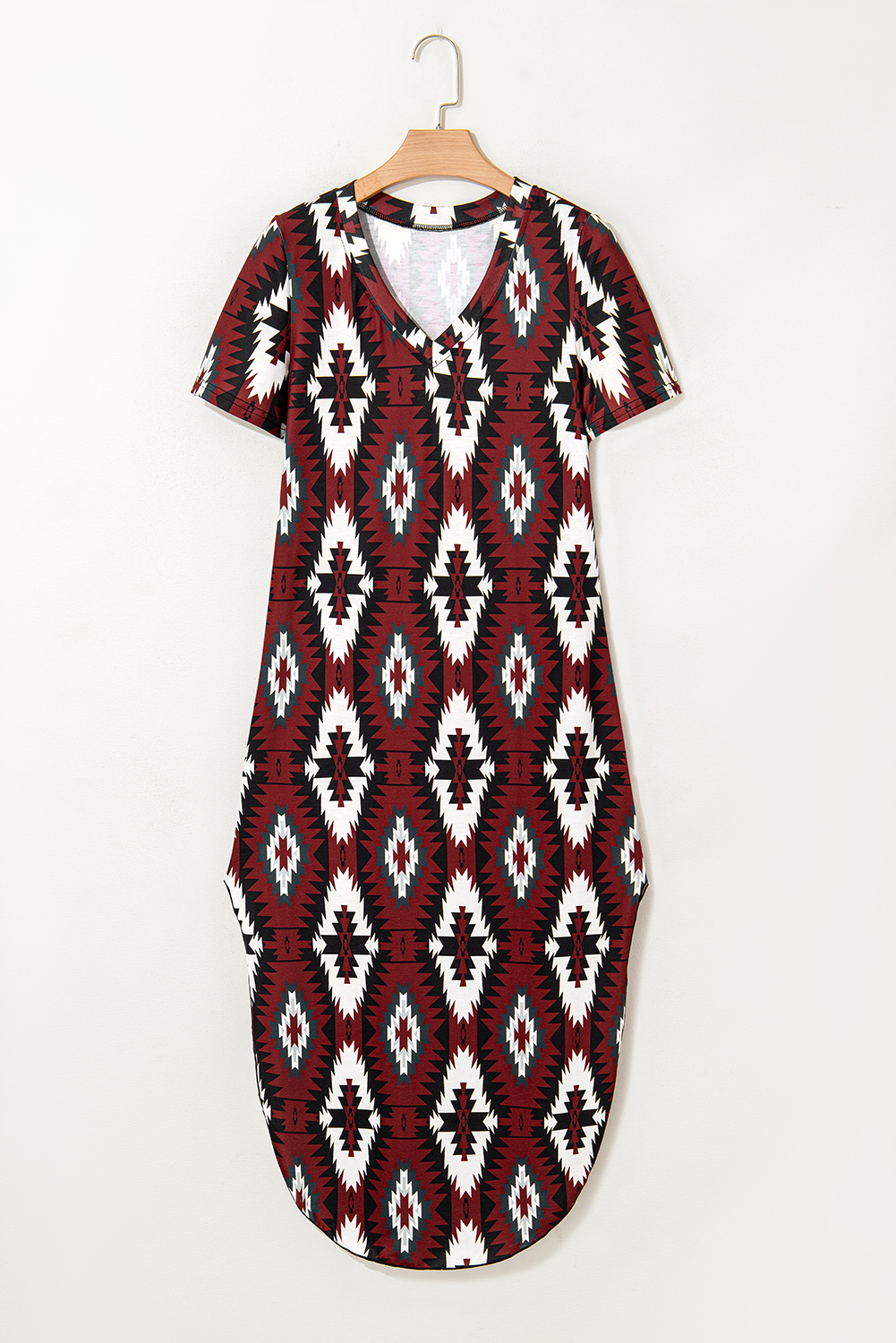 Red Western Aztec Printed Long T-shirt Dress - loveforevers