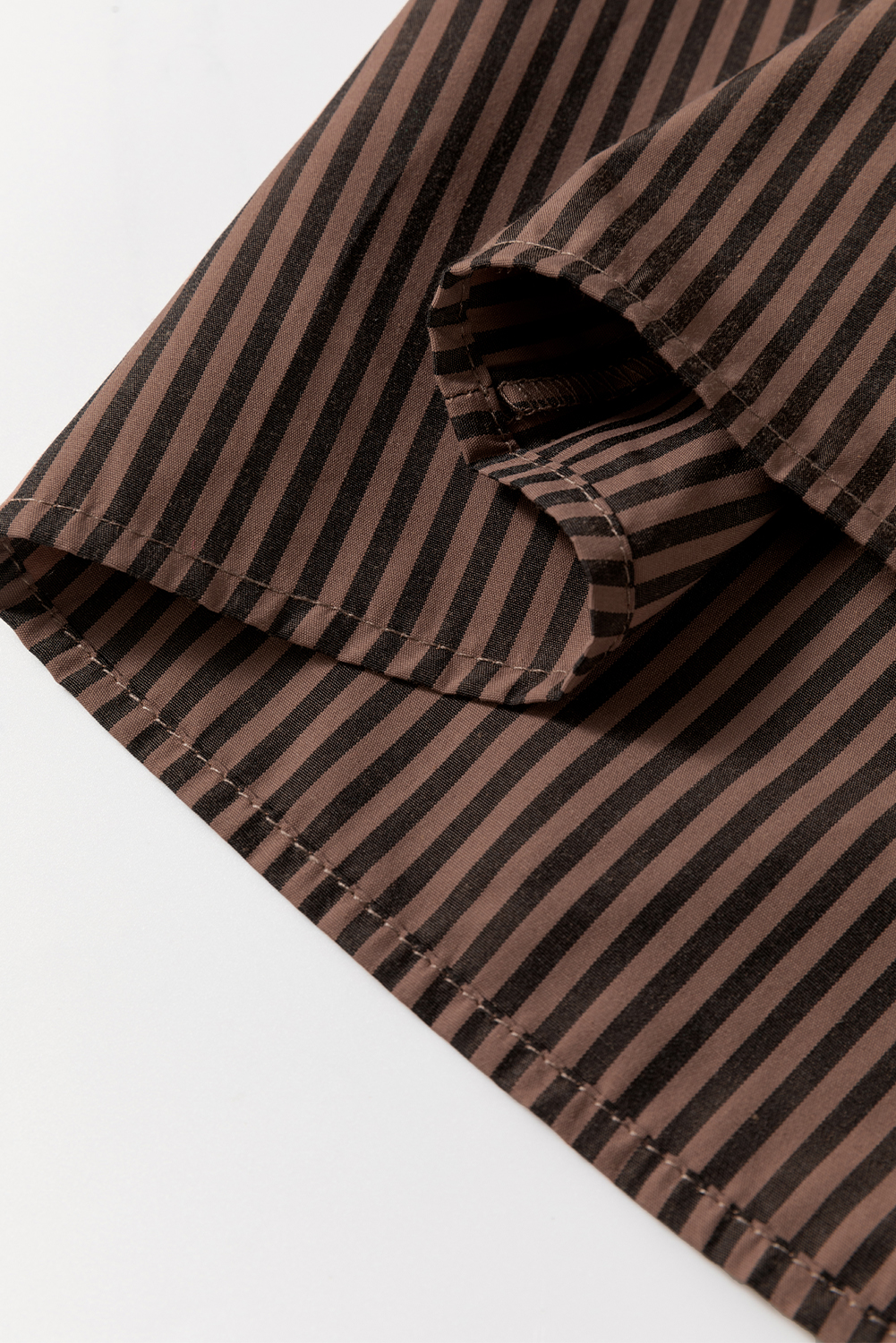 Brown Stripe V Neck Roll Up Sleeve Pocket Patched Classic Shirt - loveforevers