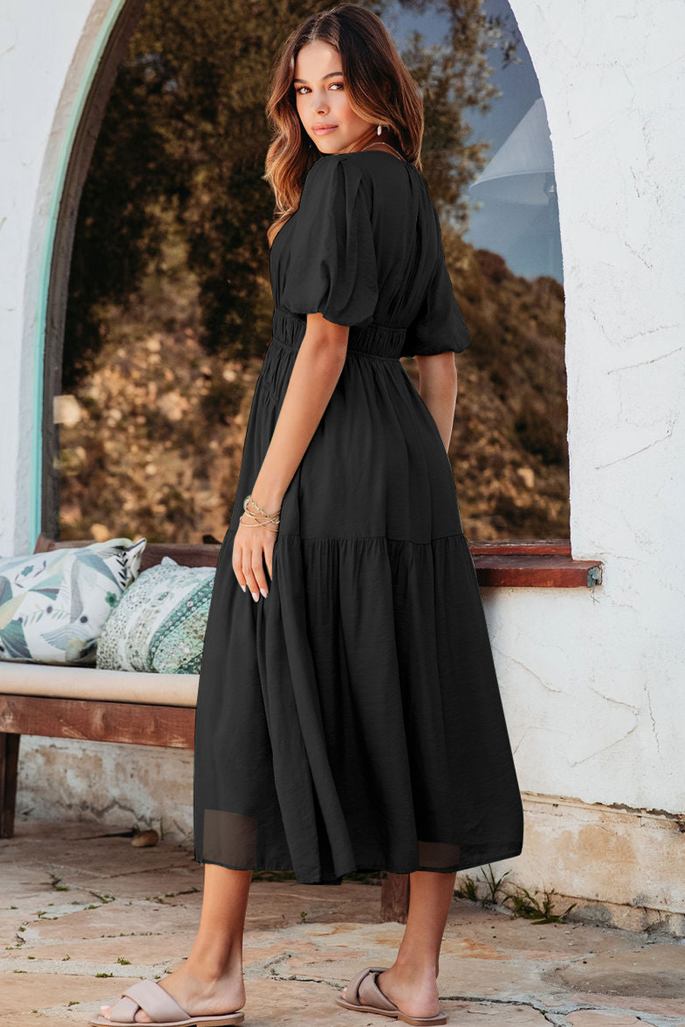 Black Puff Sleeve Pleated High Waist Flowy Midi Dress - loveforevers