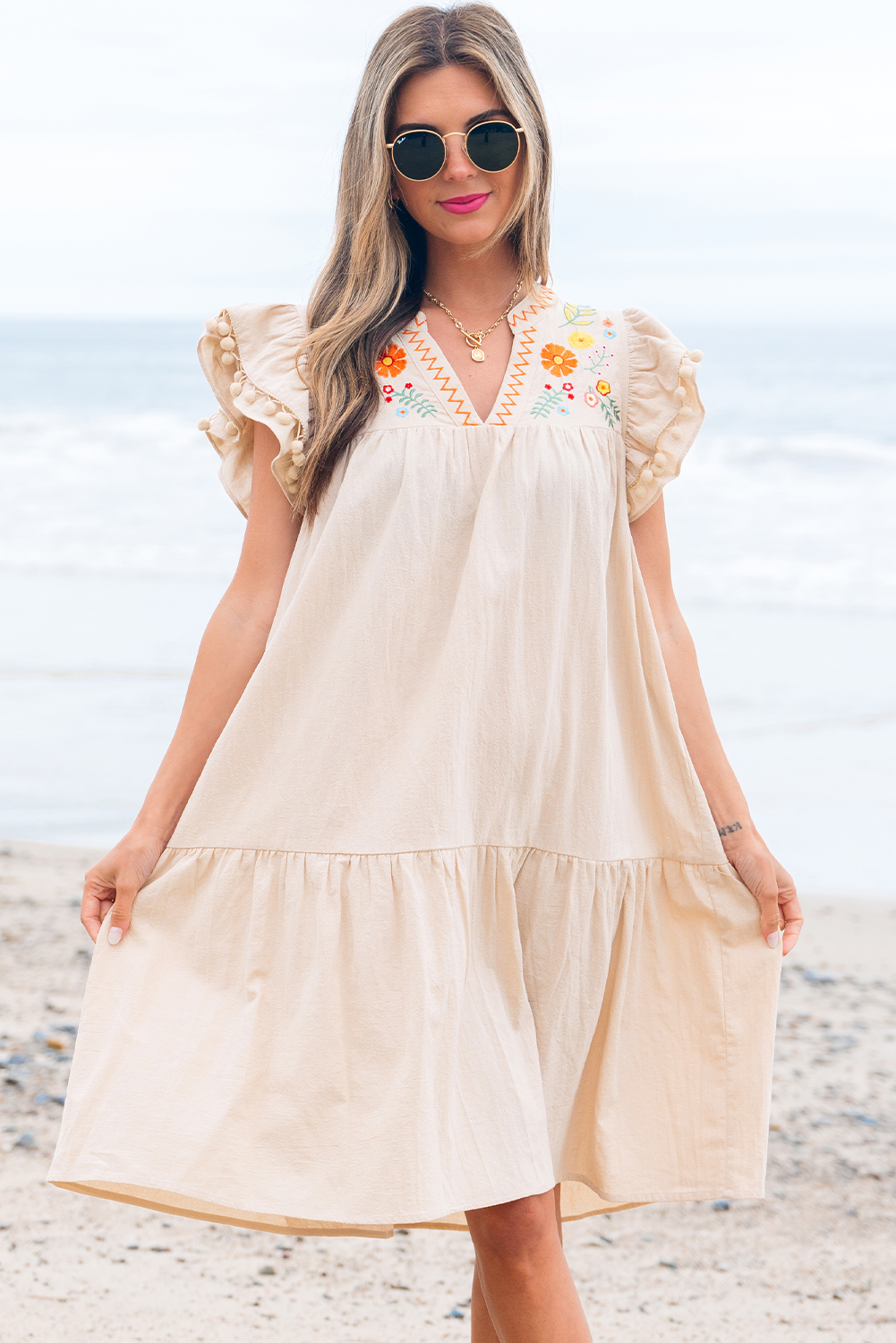 Jet Stream Linen Embroidery Split Neck Pom Pom Ruffle Sleeves Flowy Short Dress - loveforevers