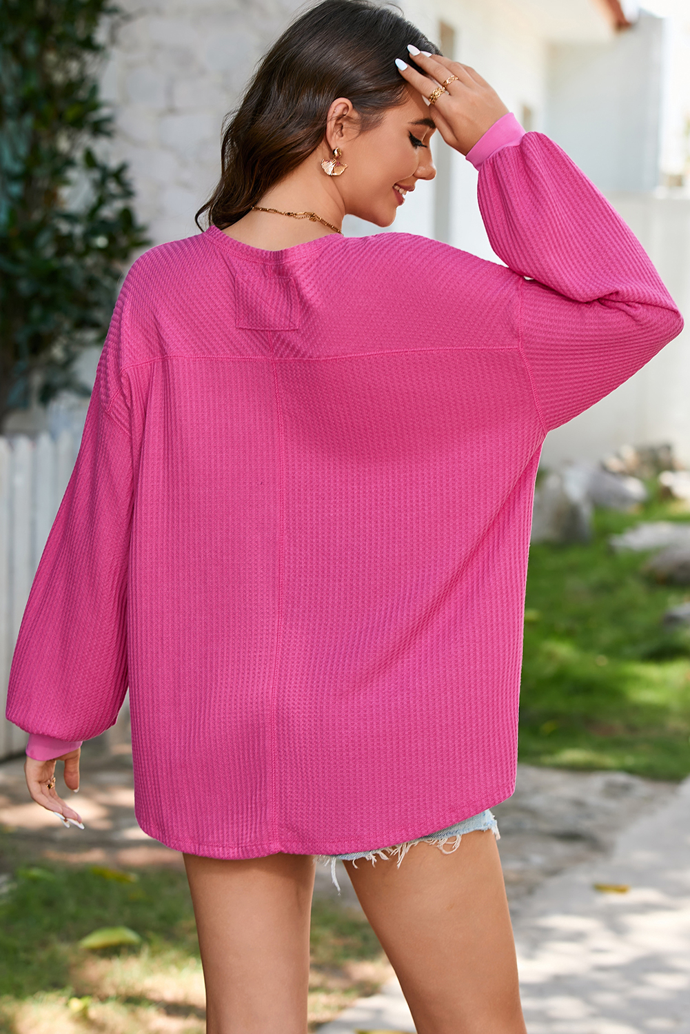 Light Pink Waffle V Neck Long Sleeve Drop Shoulder Loose Blouse - loveforevers