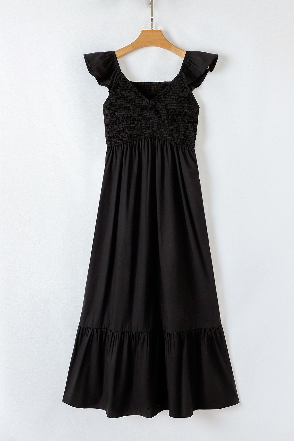 Black V Neck Flutter Sleeve Smocked Bodice High Waist Ruffle Maxi Dress - loveforevers