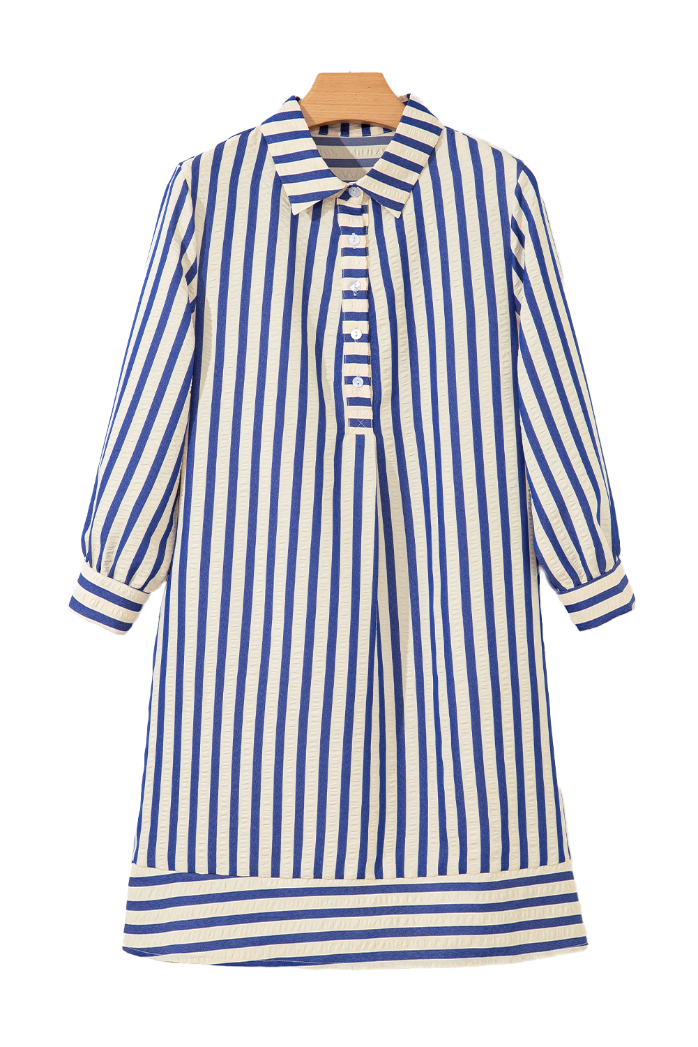 Blue Stripe Collared Half Button Side Pockets Loose Fit Mini Dress - loveforevers
