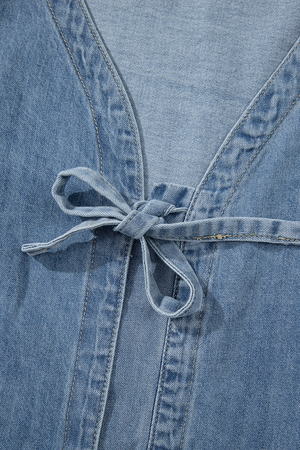 Dusk Blue Tied Front Long Puff Sleeve Denim Top - loveforevers