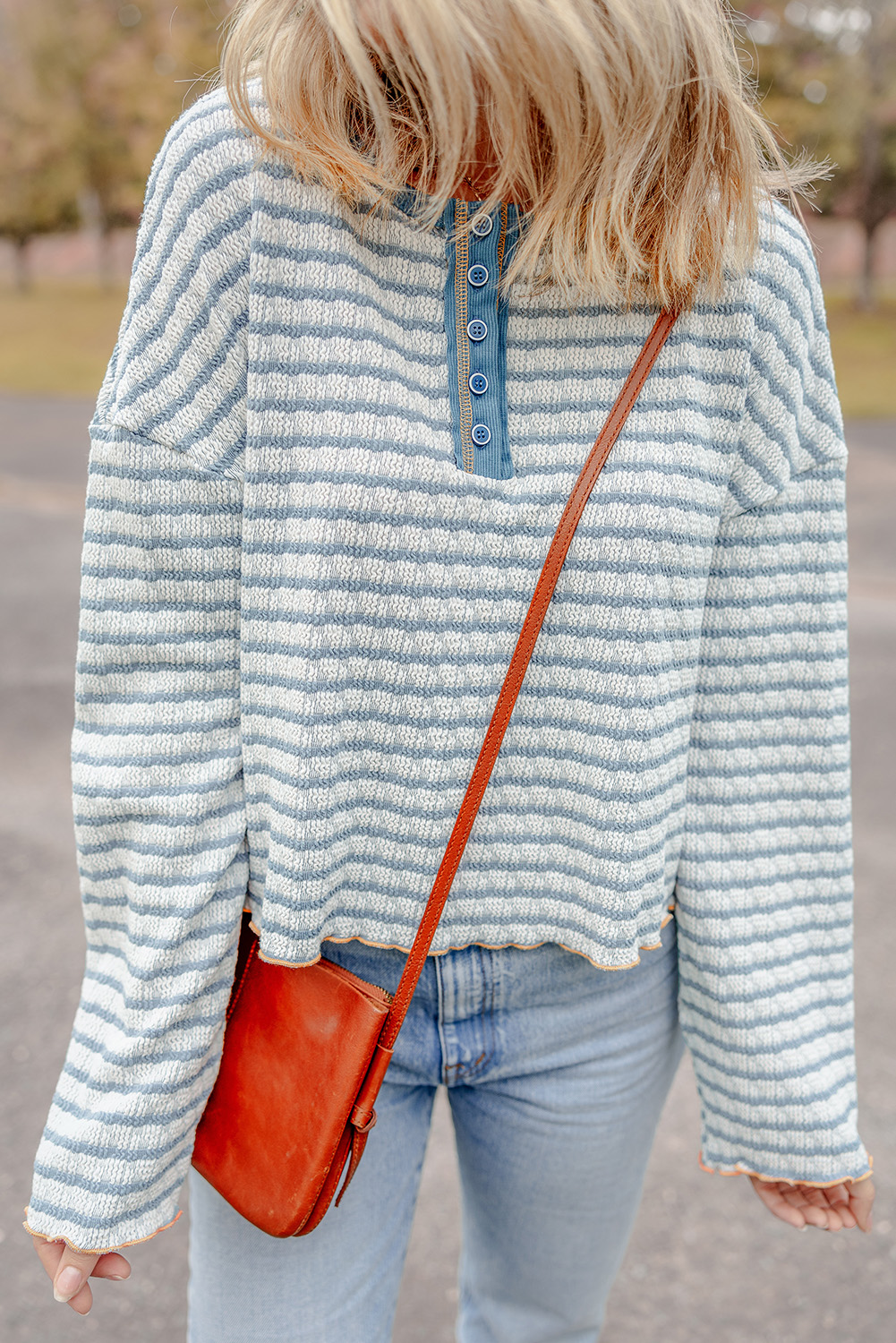 Sky Blue Stripe Textured Frilly Trim Buttons Henley Long Sleeve Top - loveforevers