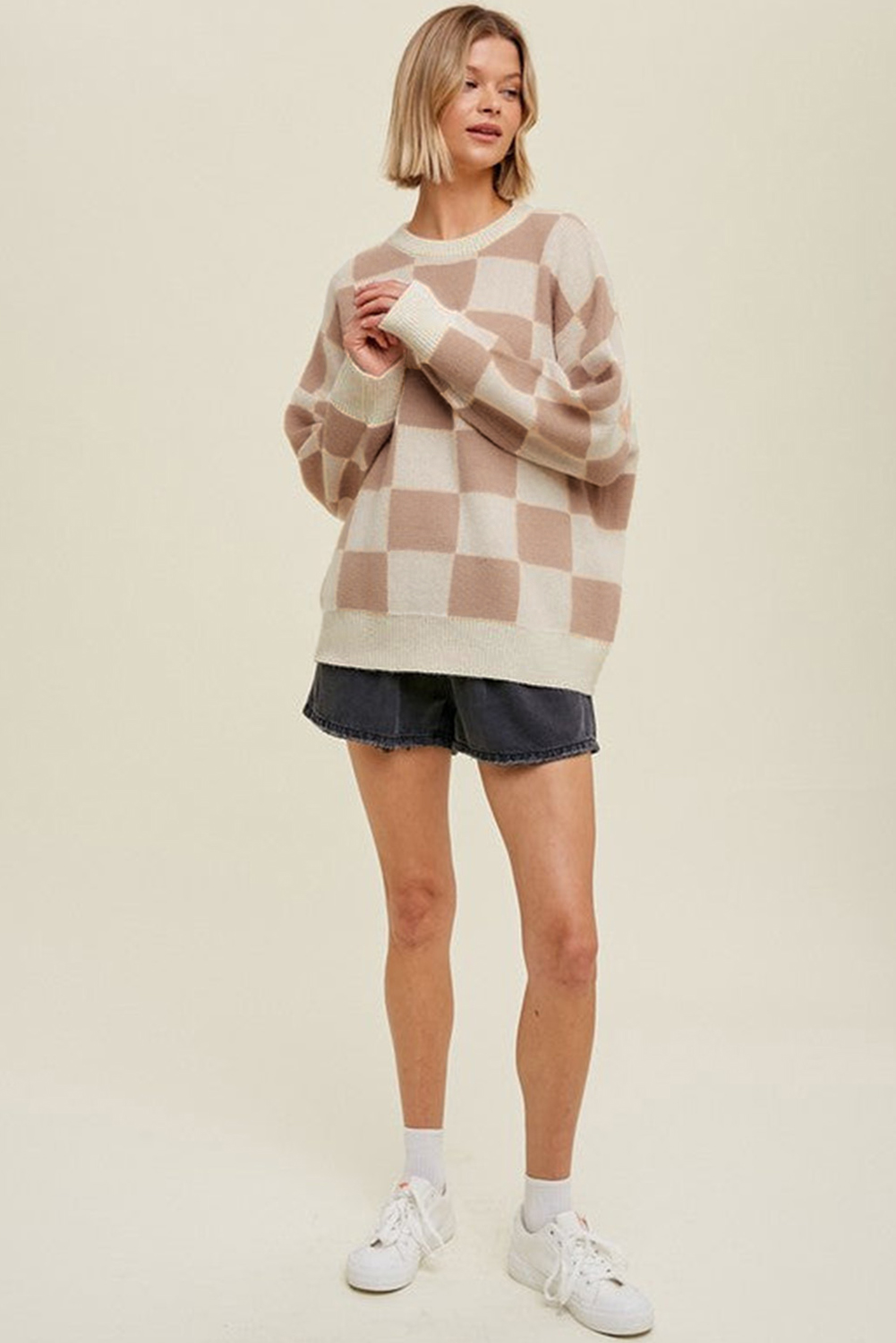 Parchment Checkered Pattern Ribbed Trim Knit Baggy Sweater - loveforevers