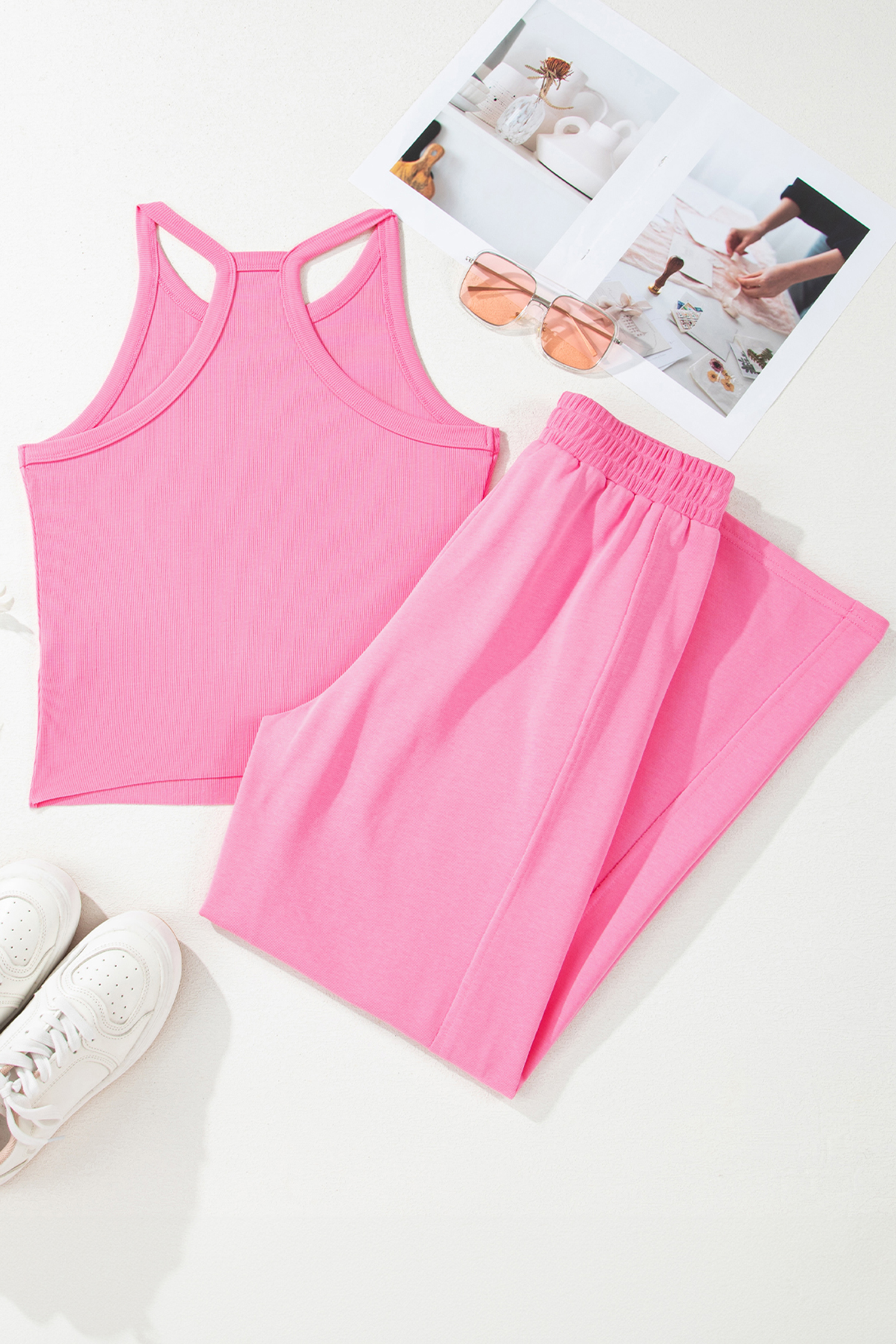 Sachet Pink Slim Ribbed Tank Top and Sweatpants Set - loveforevers