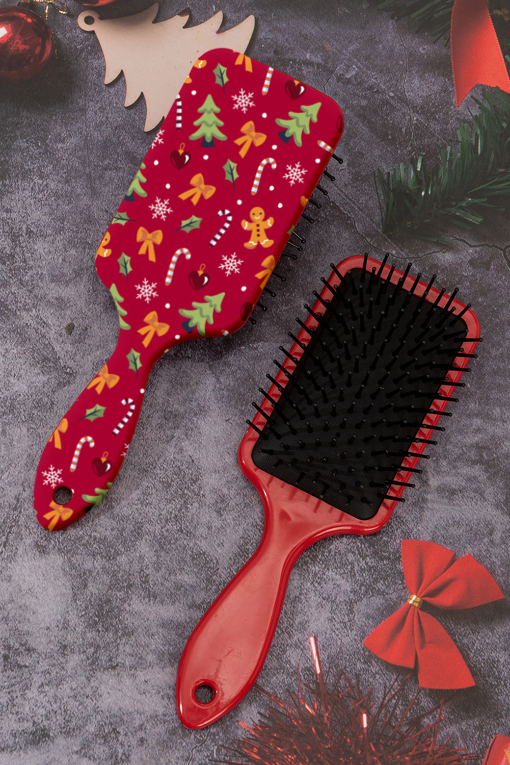 Racing Red Christmas Themed Print Paddle Hair Brush - loveforevers