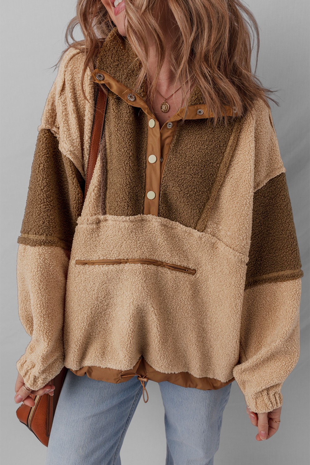 Straw Yellow 2-tone Color Block Patchwork Half Button Sherpa Sweatshirt - loveforevers