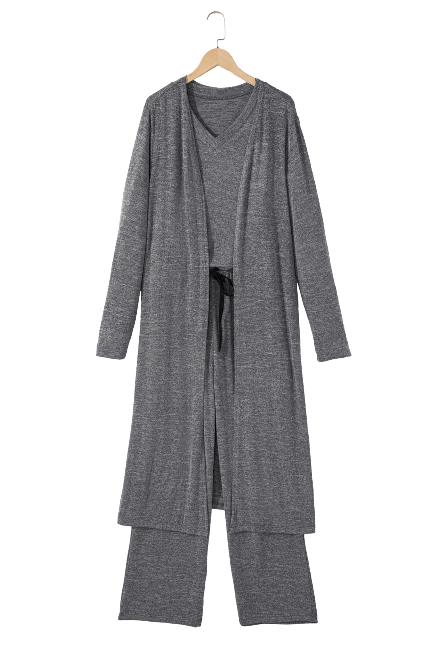 Delicacy 3pcs V Neck T Shirt Ribbon Knot Pants Open Duster 3pcs Lounge Set - loveforevers