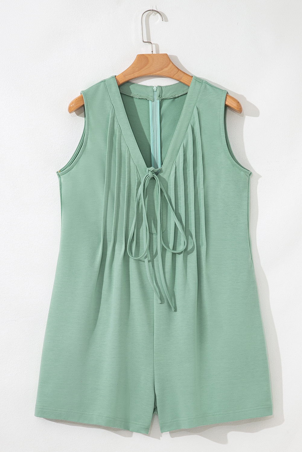 Smoke Green Tie V Neck Pintuck Sleeveless Loose Romper - loveforevers