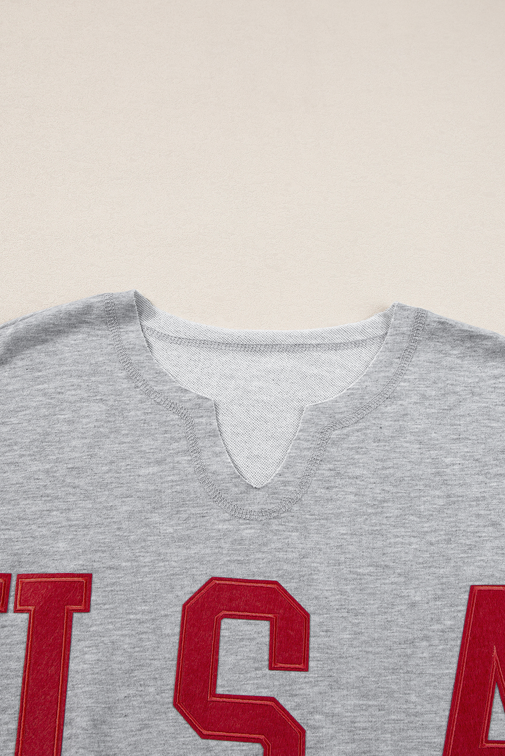 Light Grey USA Lettering Patch Notched Neck Loose Tee - loveforevers