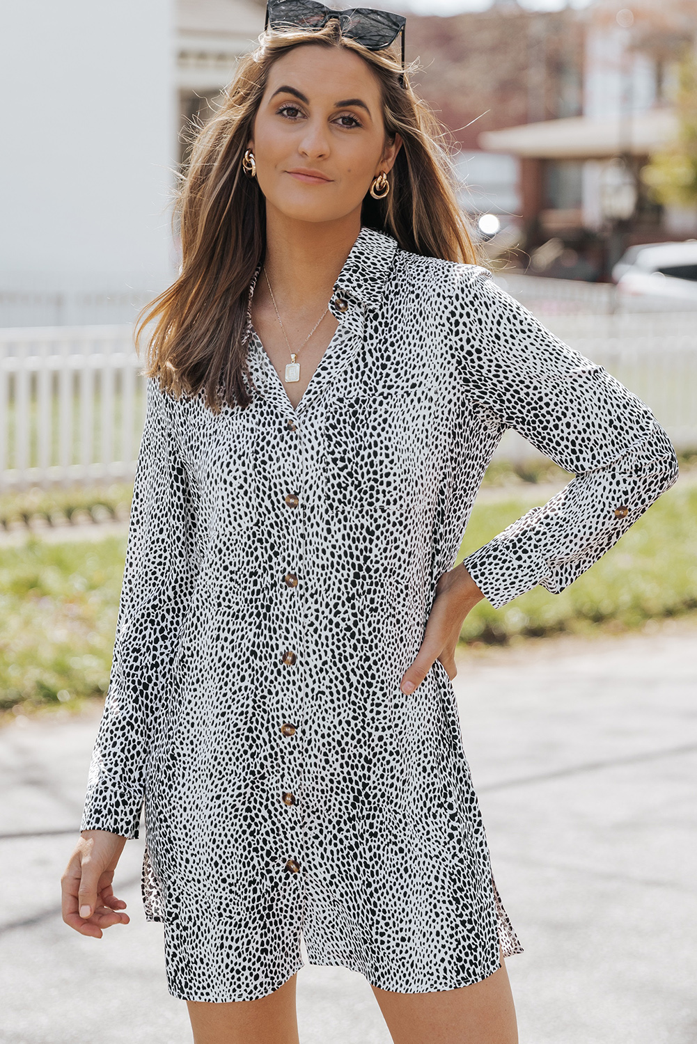 Long Sleeve Leopard Animal Print Shirt Dress - loveforevers