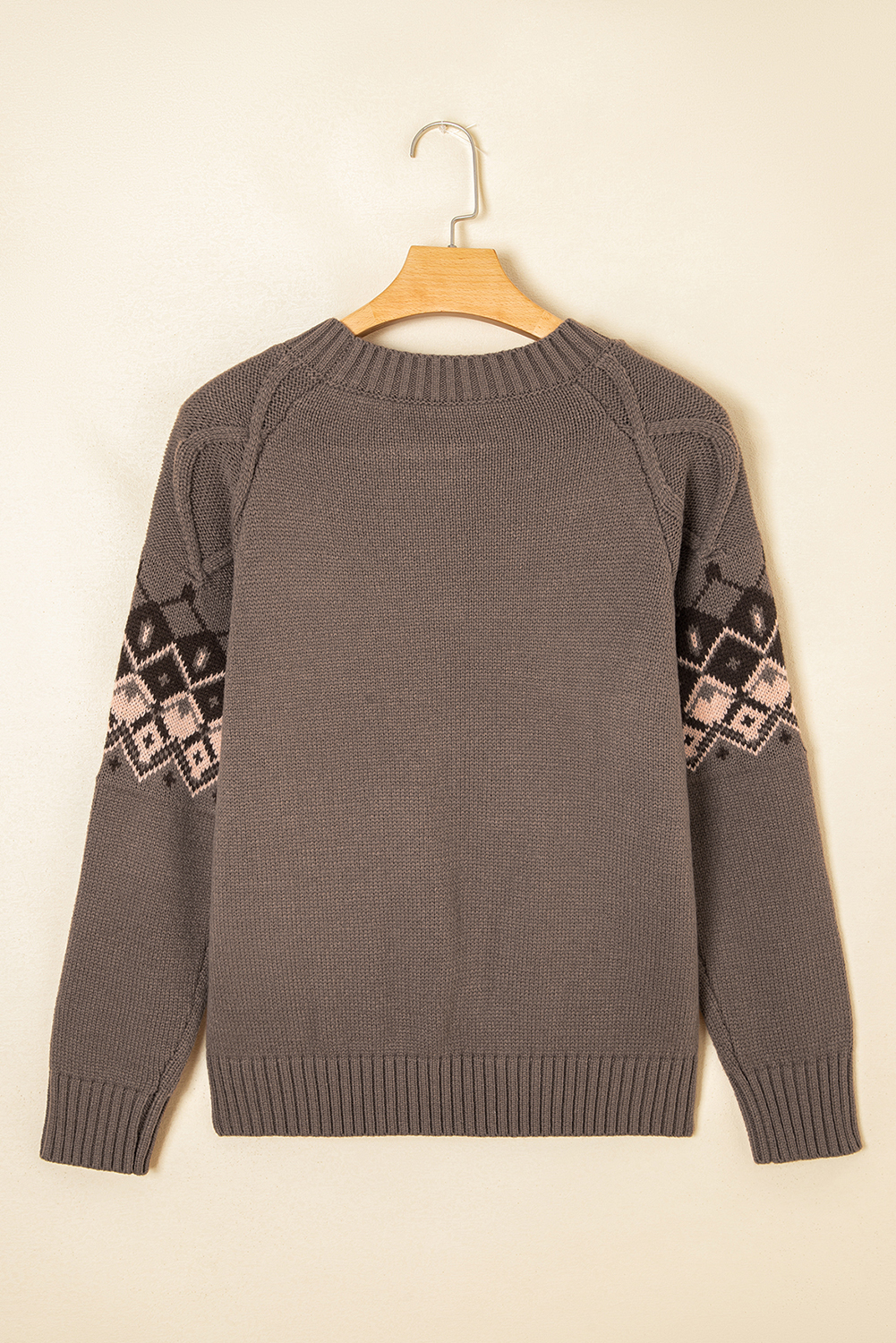 Light French Beige Western Geometric Patterned Crew Neck Knitted Sweater - loveforevers