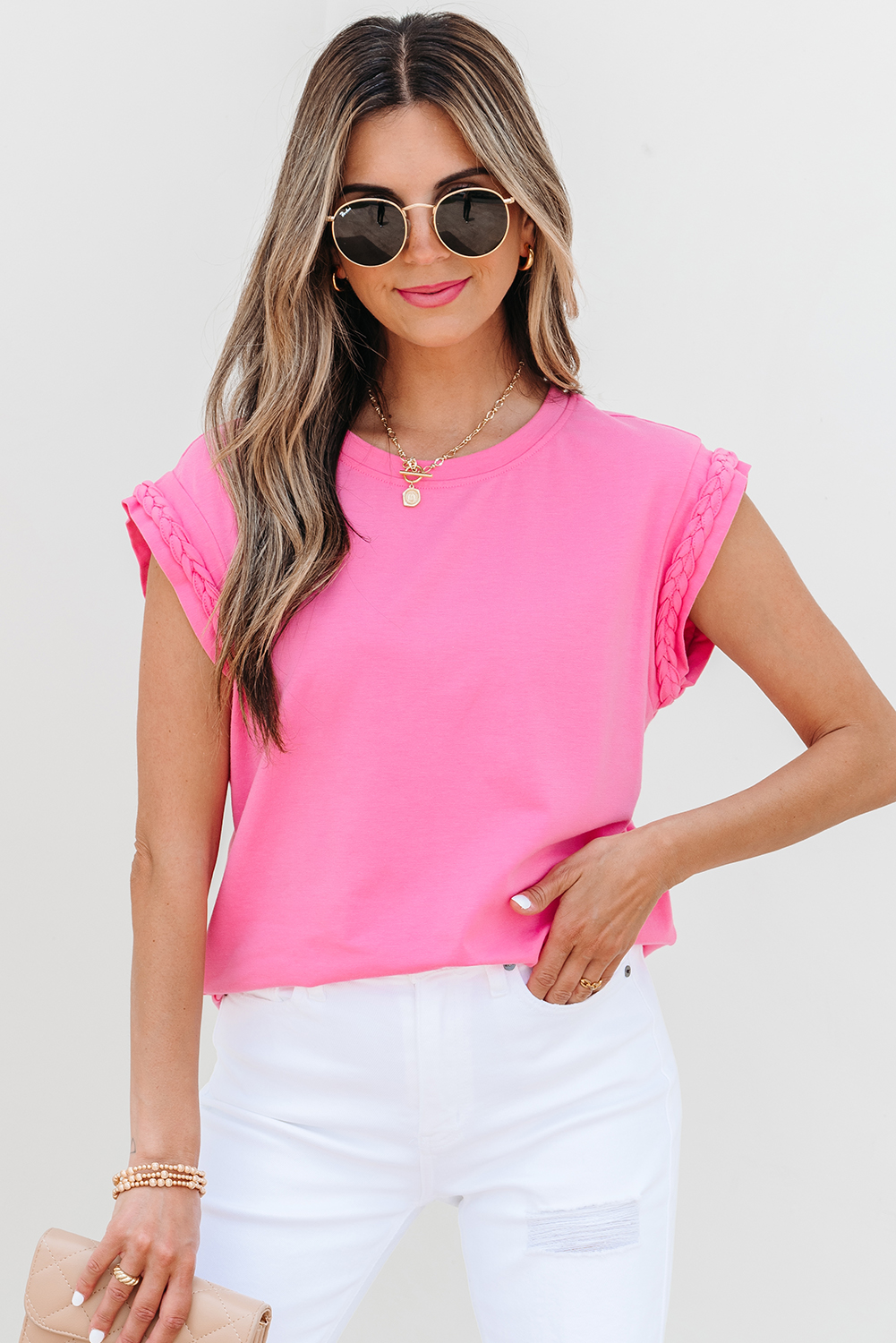 Bonbon Braided Cap Sleeve Crew Neck T Shirt - loveforevers