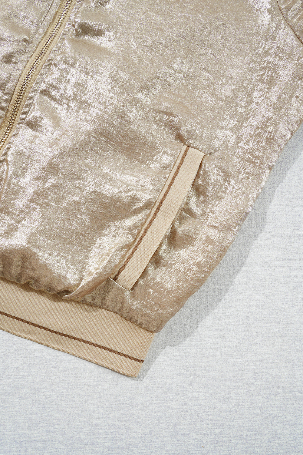 Pale Khaki Metallic Zip up Baseball Jacket - loveforevers