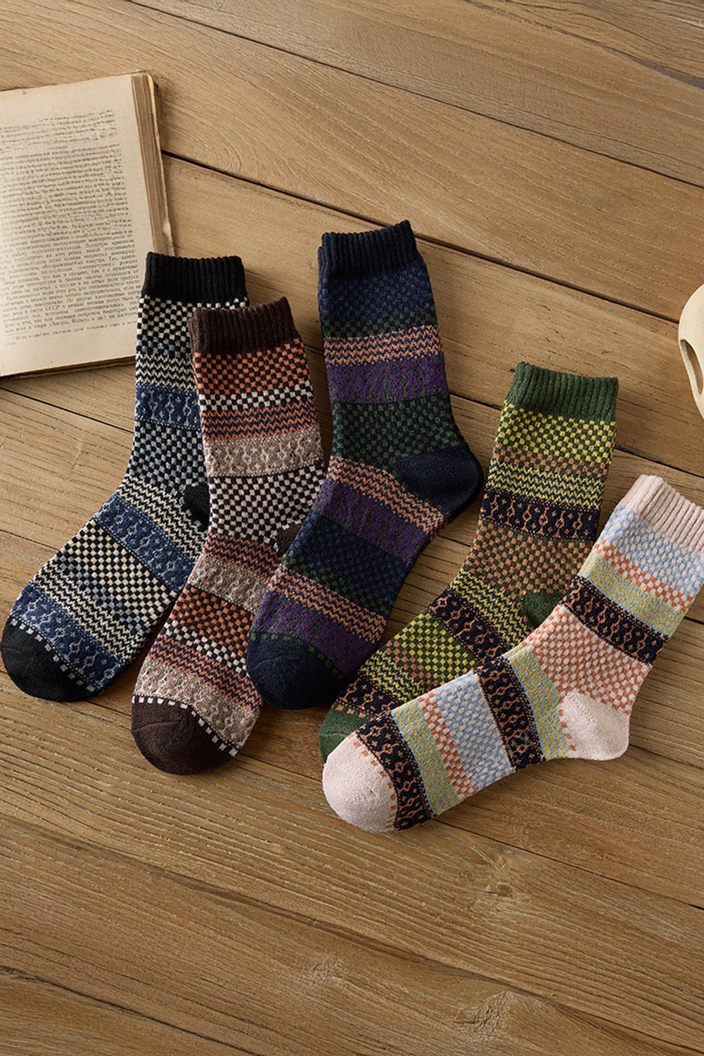 Brown Boho Checkered Pattern Soft Crew Socks Set - loveforevers