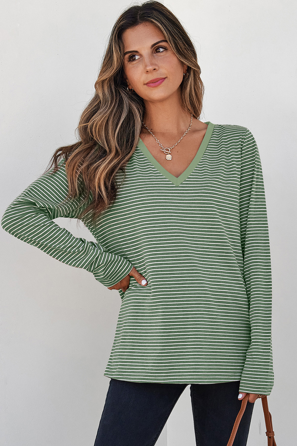 Green Stripe V Neck Stretchy Long Sleeve Top - loveforevers