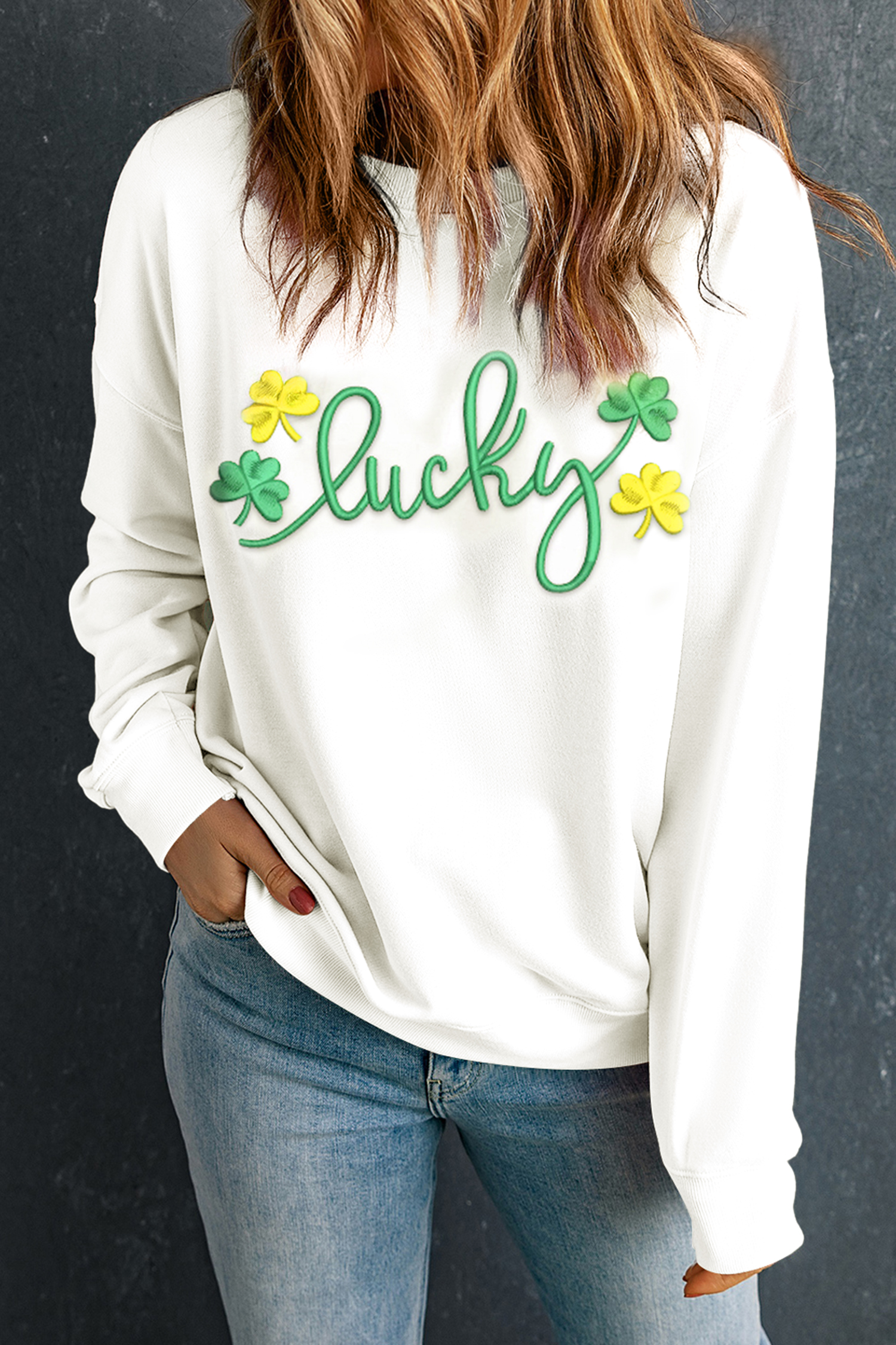 White lucky Clover 3D Puff Embroidered Pullover Sweatshirt - loveforevers