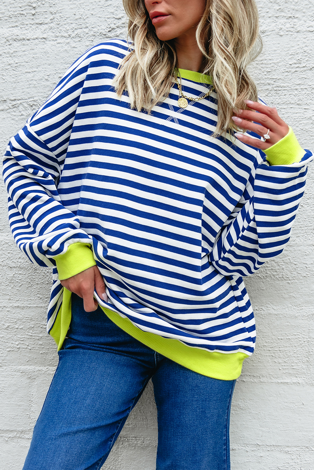 Red Stripe Contrast Ribbed Trim Crossed Stitch Drop Shoulder Sweatshirt - loveforevers