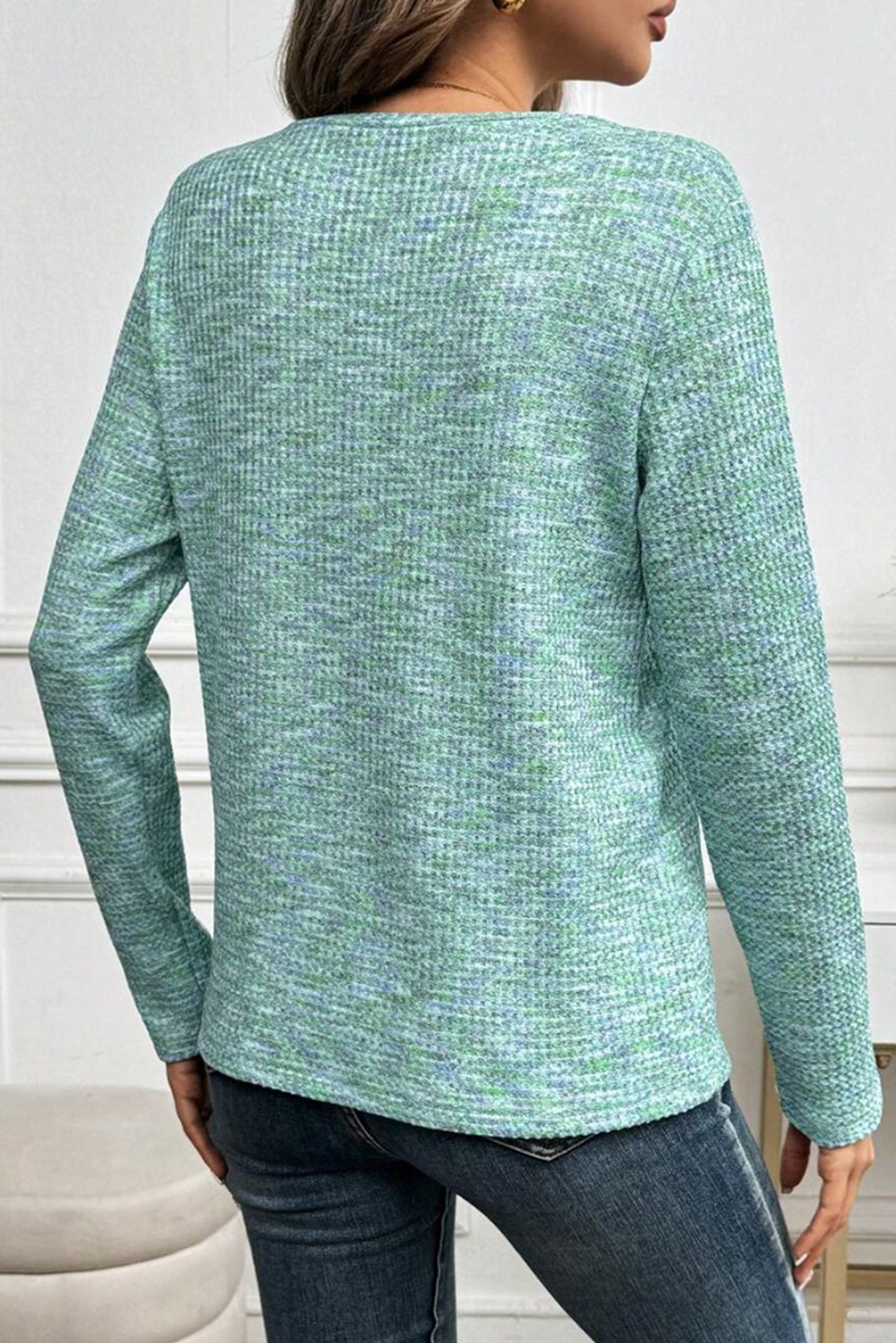 Moonlight Jade Buttoned V Neck Textured Knit Long Sleeve Top - loveforevers