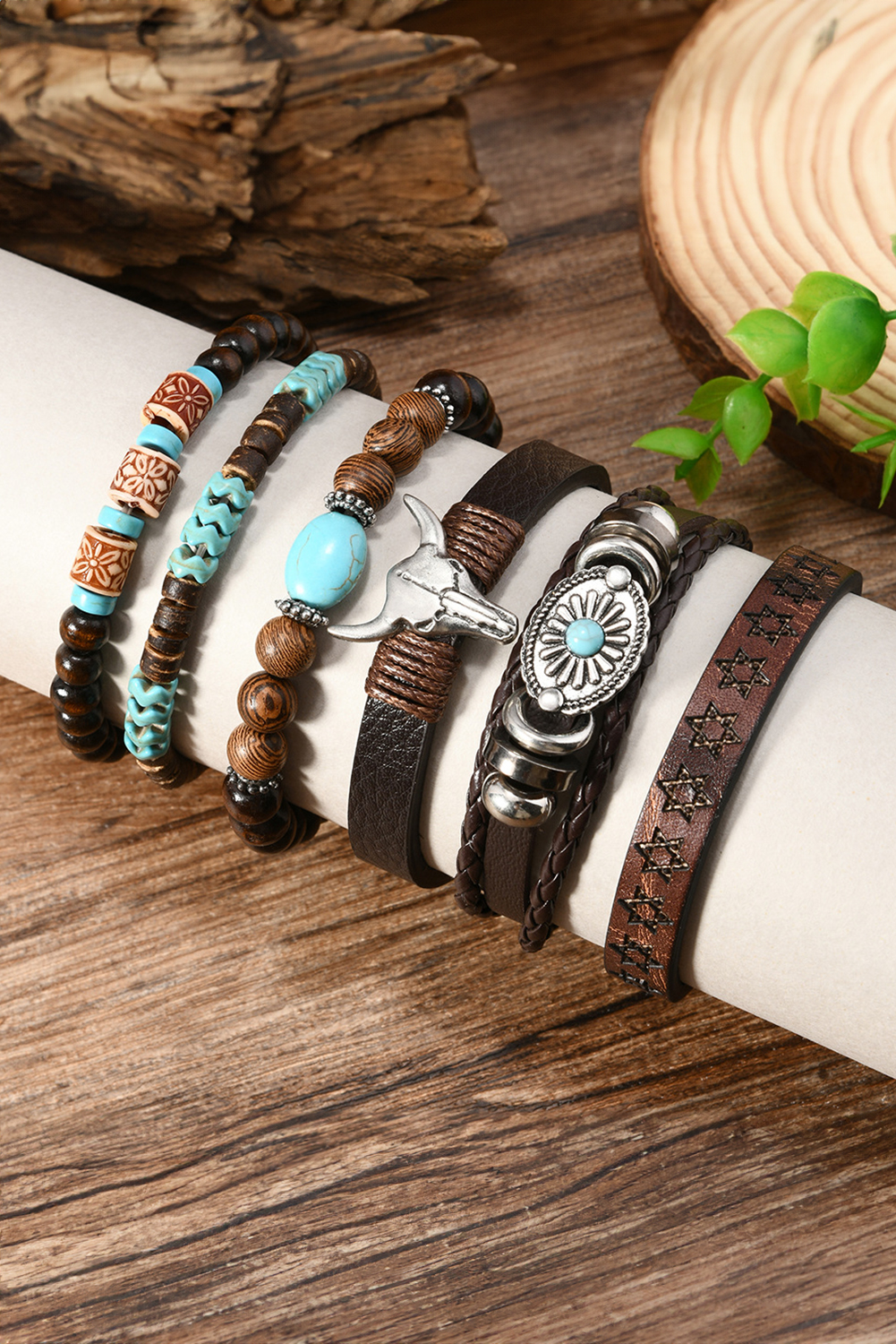 Chestnut 6 Piece Western Bull Skull Turquoise Beading Bracelet - loveforevers