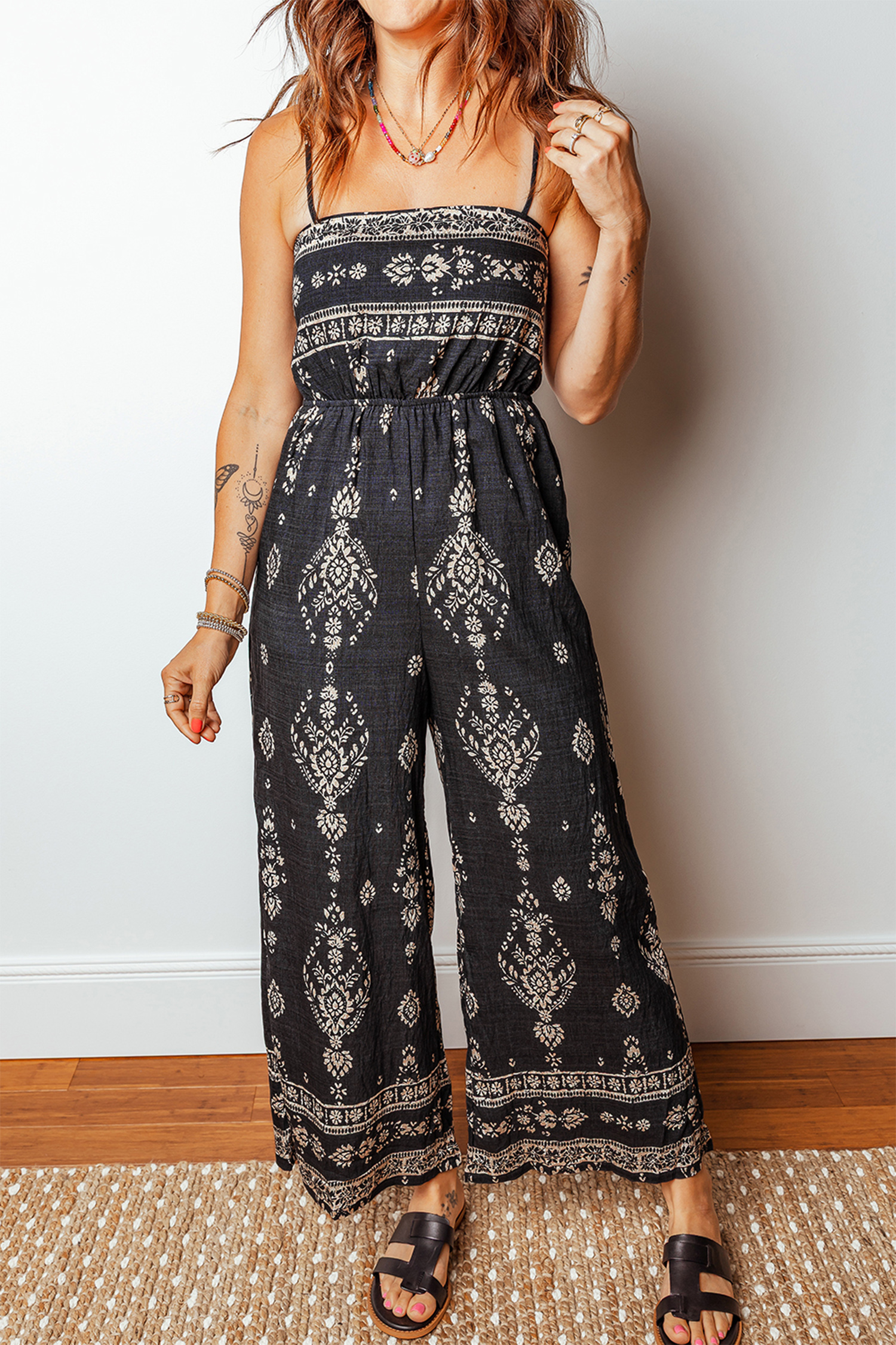 Black Spaghetti Straps Elastic Waist Loose Ethnic Print Jumpsuit - loveforevers