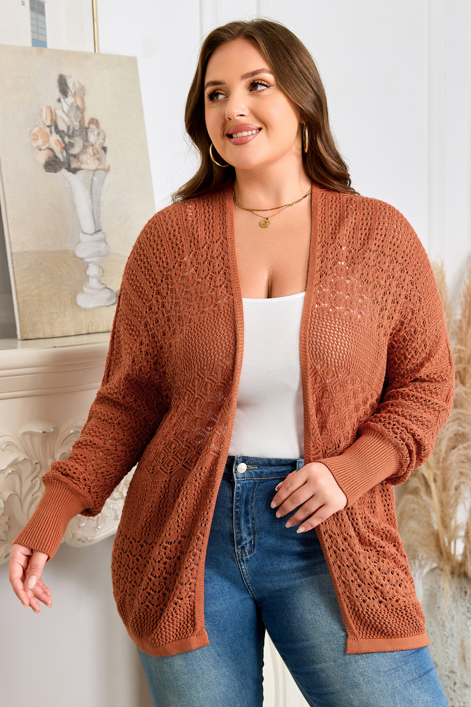 Redwood Burl Mixed Pattern Knitted Open Front Plus Cardigan - loveforevers