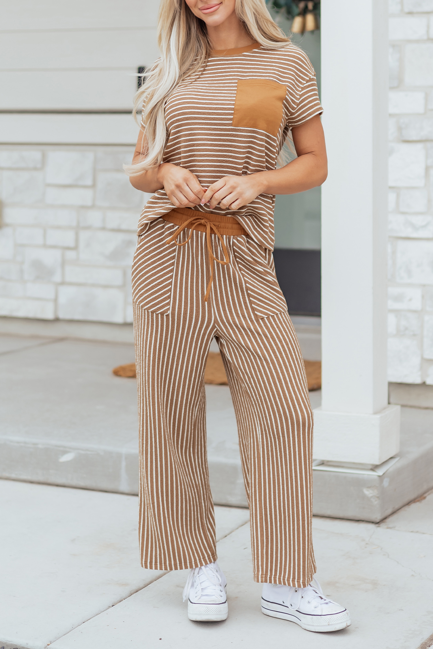 Khaki Stripe Crew Neck Tee Drawstring Waist Cropped Pants Set - loveforevers