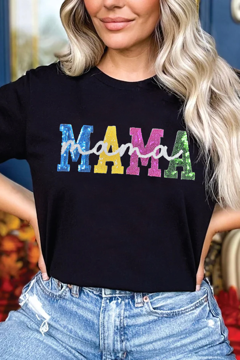 Black Sequin MAMA Double Letter Graphic Tee - loveforevers