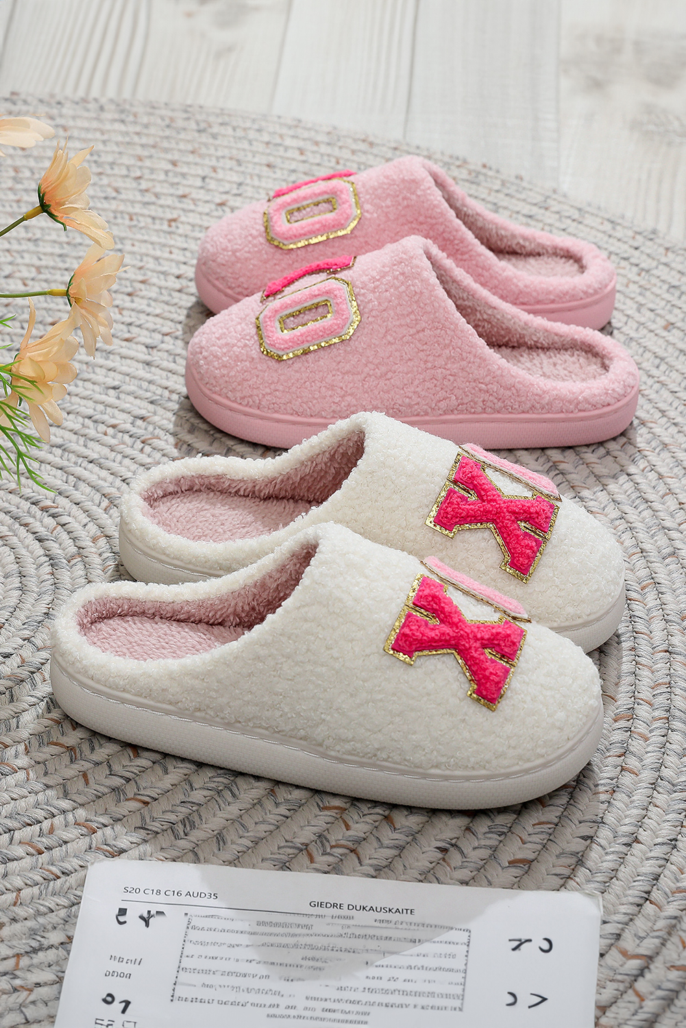 White XO XO Glitter Trim Letter Patched Plush House Slippers - loveforevers