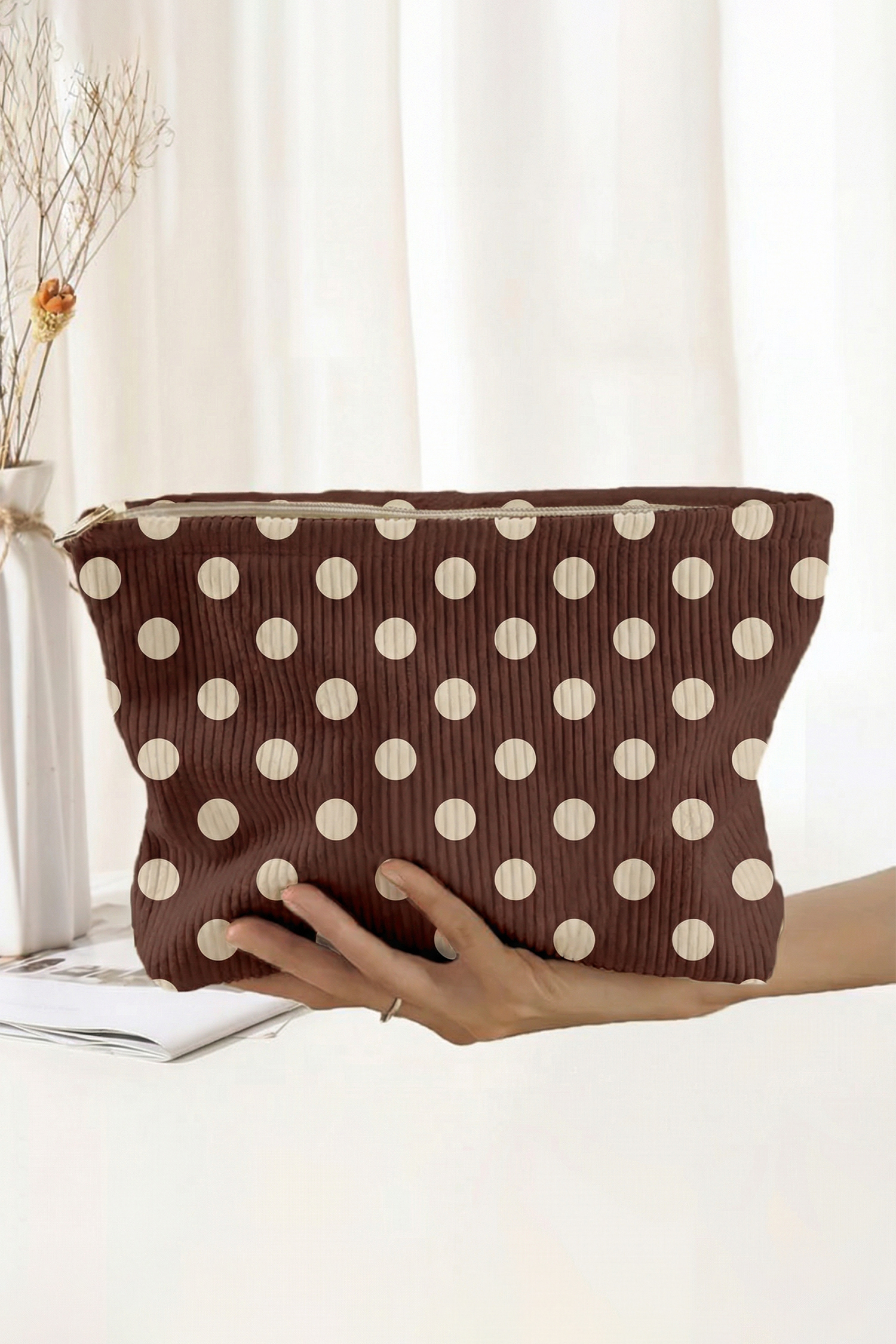 Coffee Polka Dot Printed Corduroy Storage Makeup Bag - loveforevers