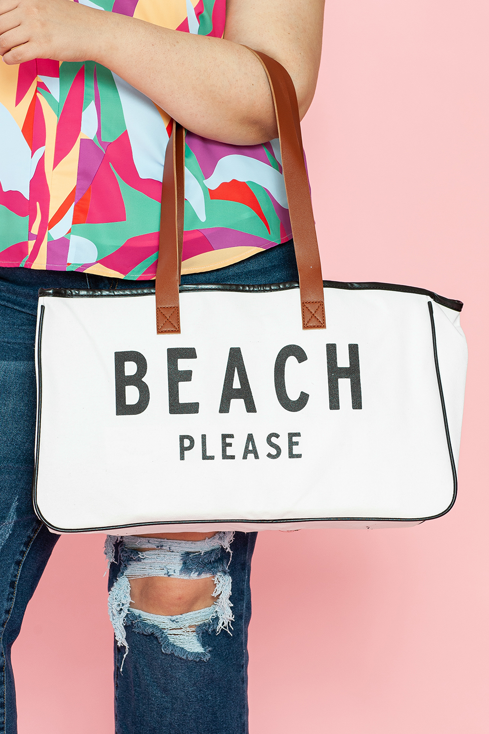 White BEACH PLEASE Print Large Canvas Tote Bag - loveforevers