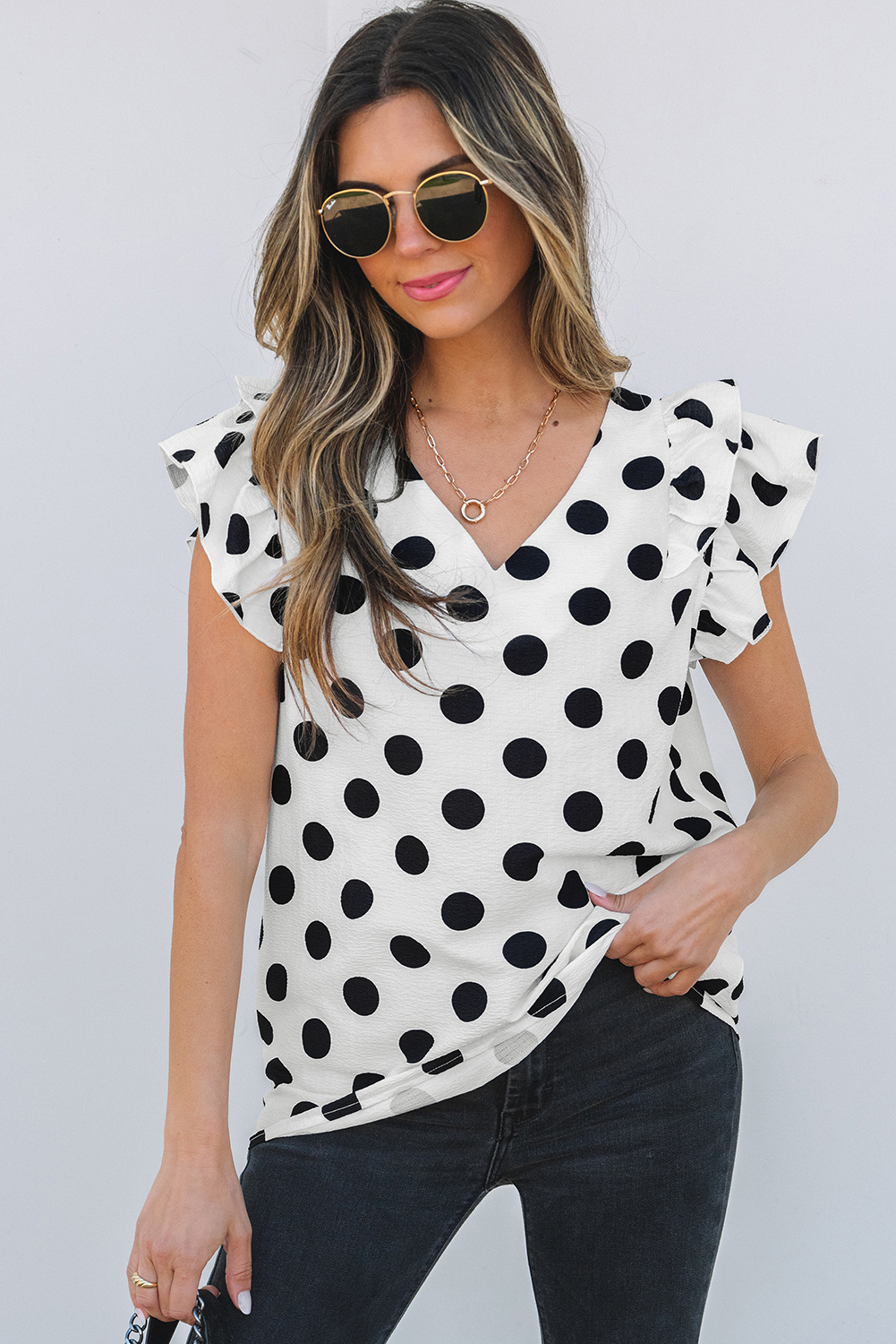 Black Polka Dot Print Ruffled Sleeve V Neck Blouse - loveforevers