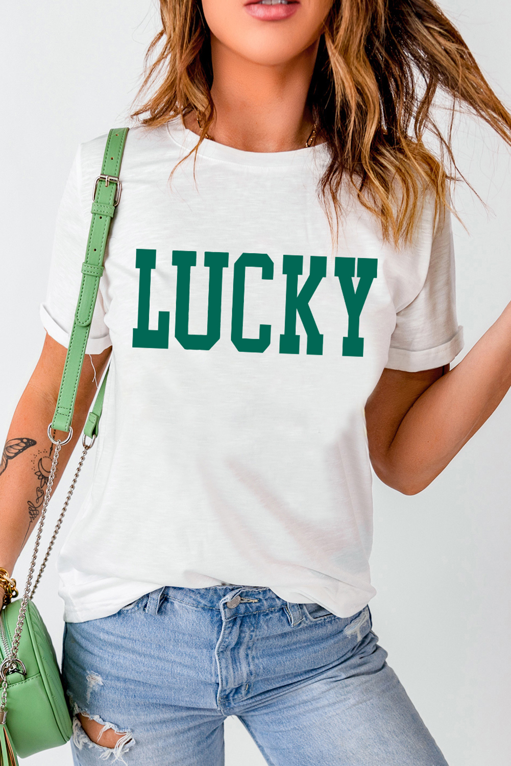 White LUCKY Printed Round Neck St Patricks T Shirt - loveforevers