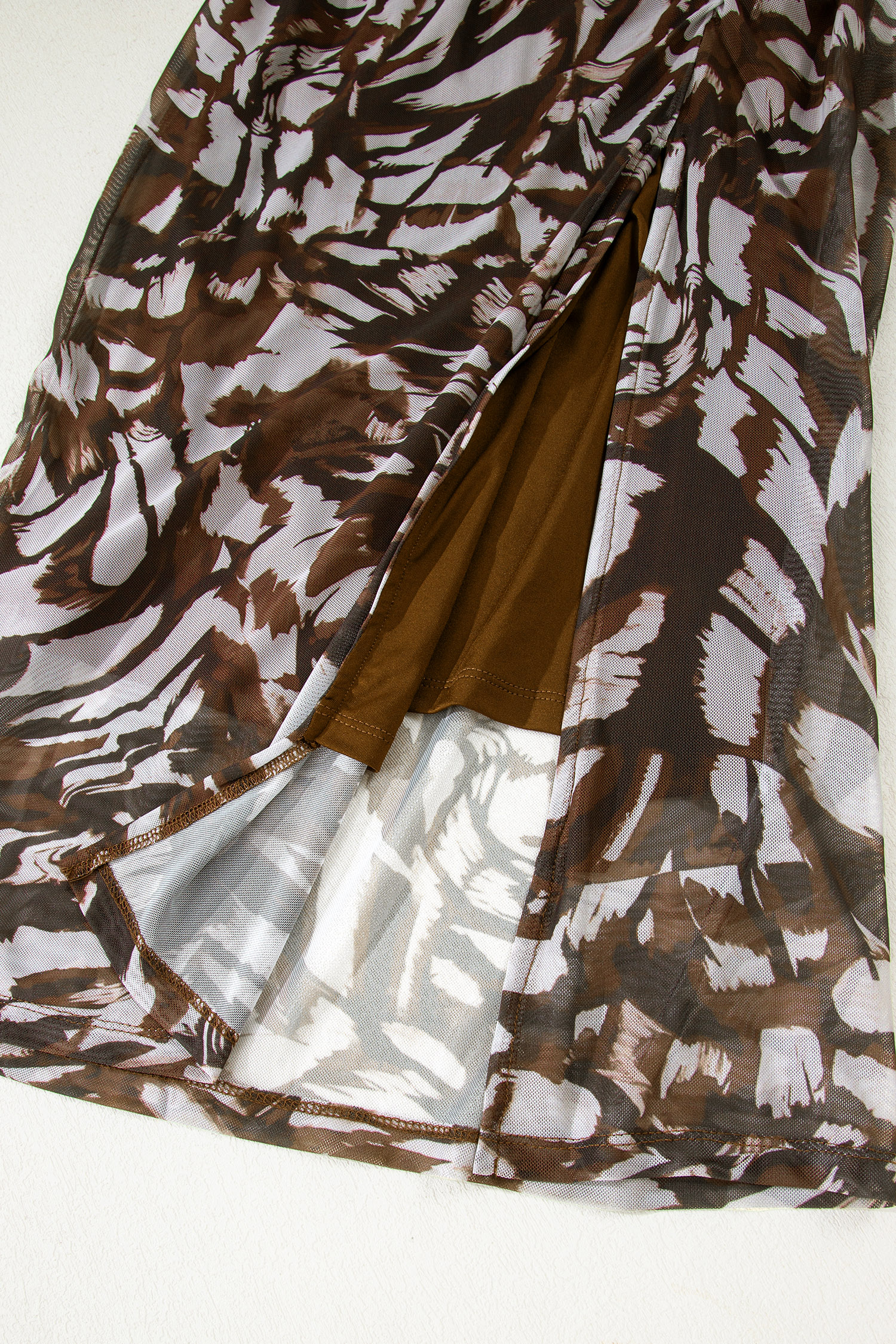 Brown Abstract Print Mesh Cowl Neck Cap Sleeve Ruched Midi Dress with Slit - loveforevers