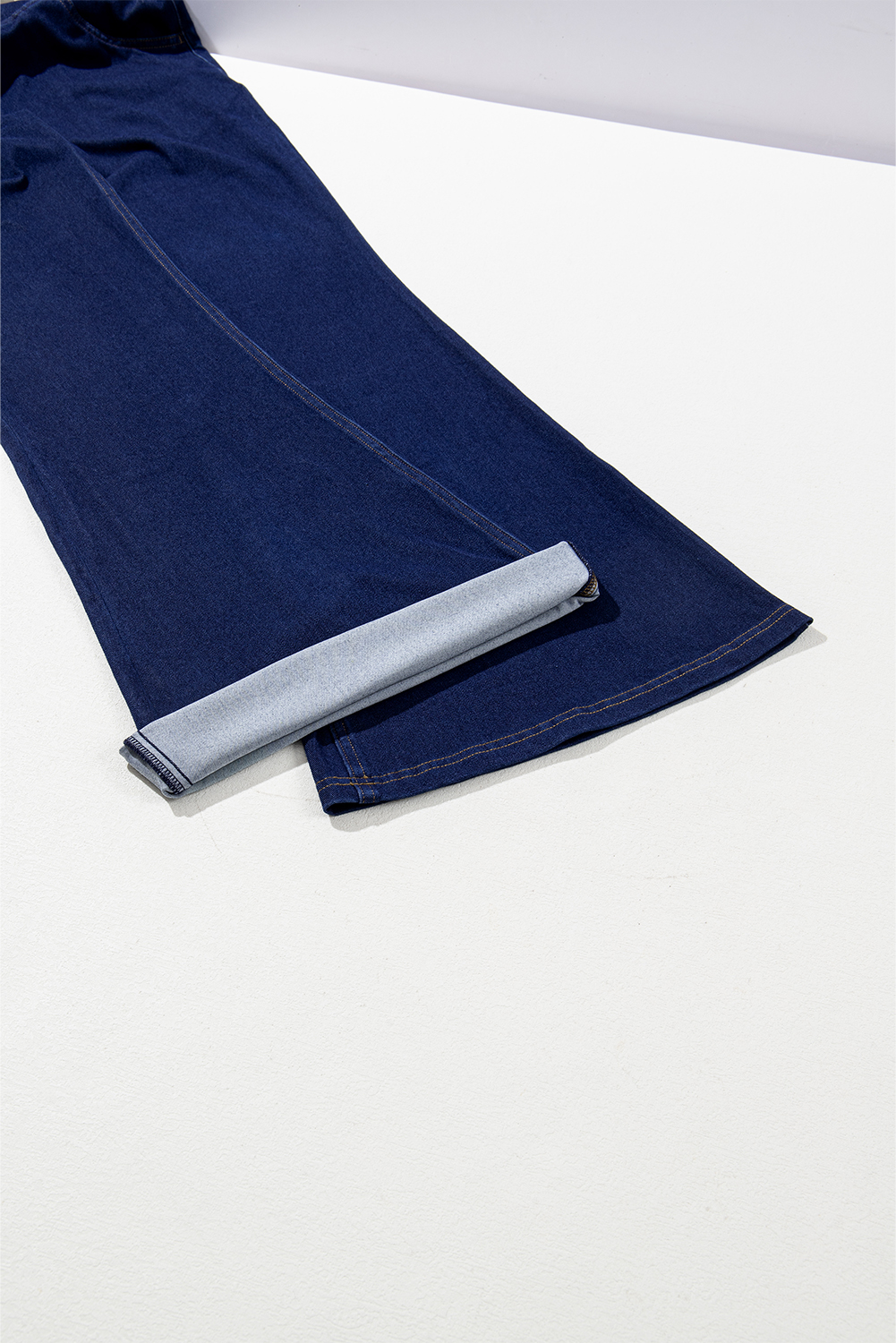Dusk Blue Solid Crossed Waist High Elastic Fit Flare Knit Jeans - loveforevers