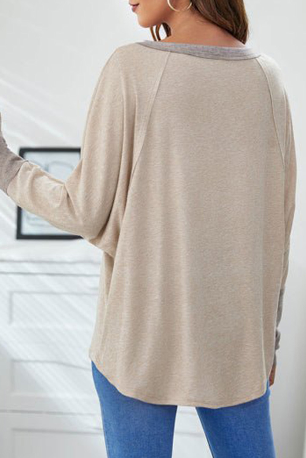 Khaki Contrast Cuffs Batwing Sleeve Loose Top - loveforevers