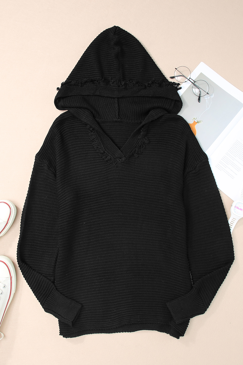 V Neck Ribbed Drop Shoulder Hooded Sweater - loveforevers