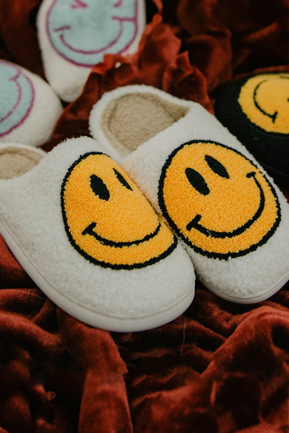 Pink Smile Face Print Non-slip Plush Slippers - loveforevers