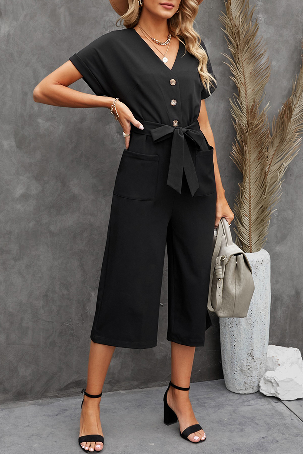 Black Dolman Button Belted V Neck Wide Leg Pocketed Jumpsuit - loveforevers