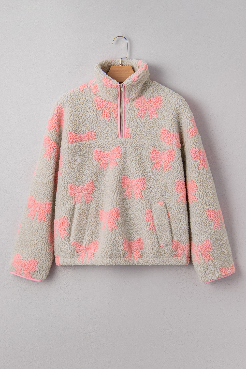 Gray Bow Sherpa Quarter Zip Drop Shoulder Baggy Sweatshirt - loveforevers