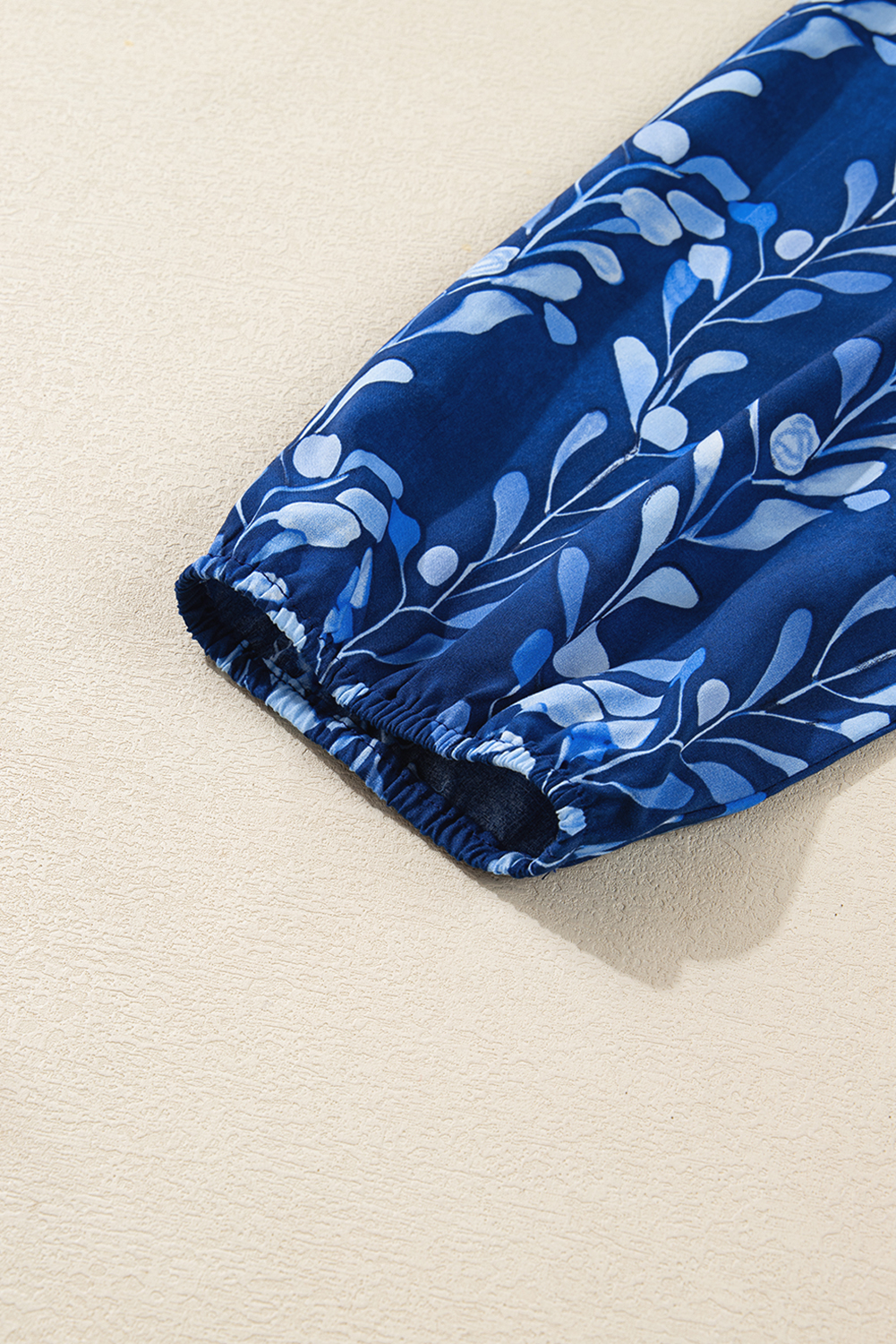 Blue Botanical Print Bracelet Sleeve Notched Neck Blouse - loveforevers