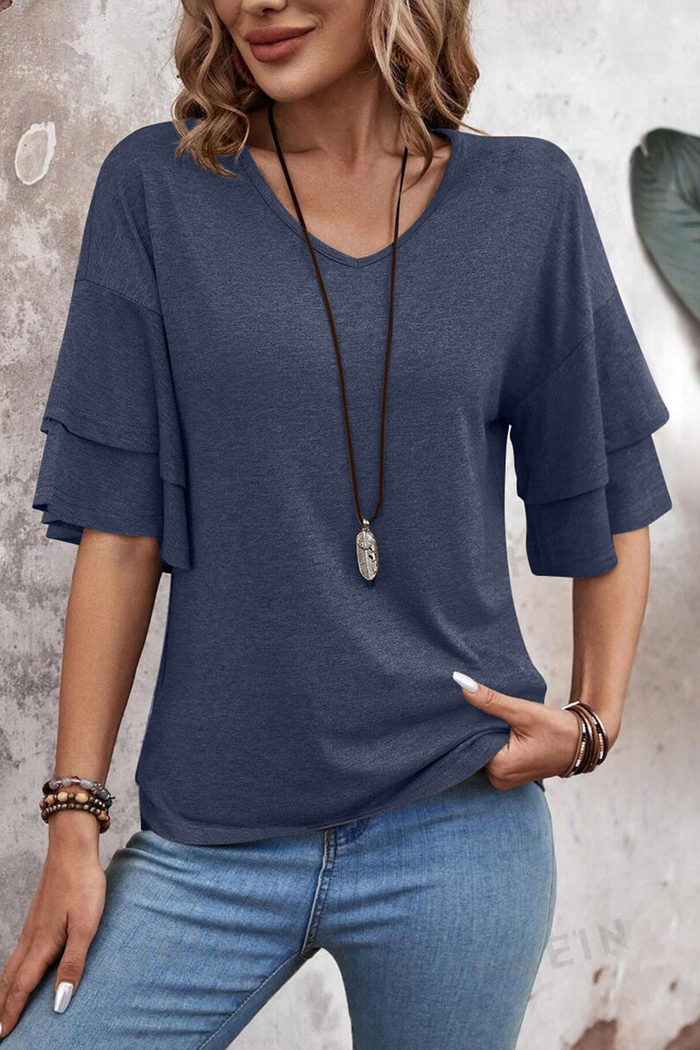 Sail Blue Solid Colour V-Neck Double Layer Sleeve Loose T-Shirt - loveforevers