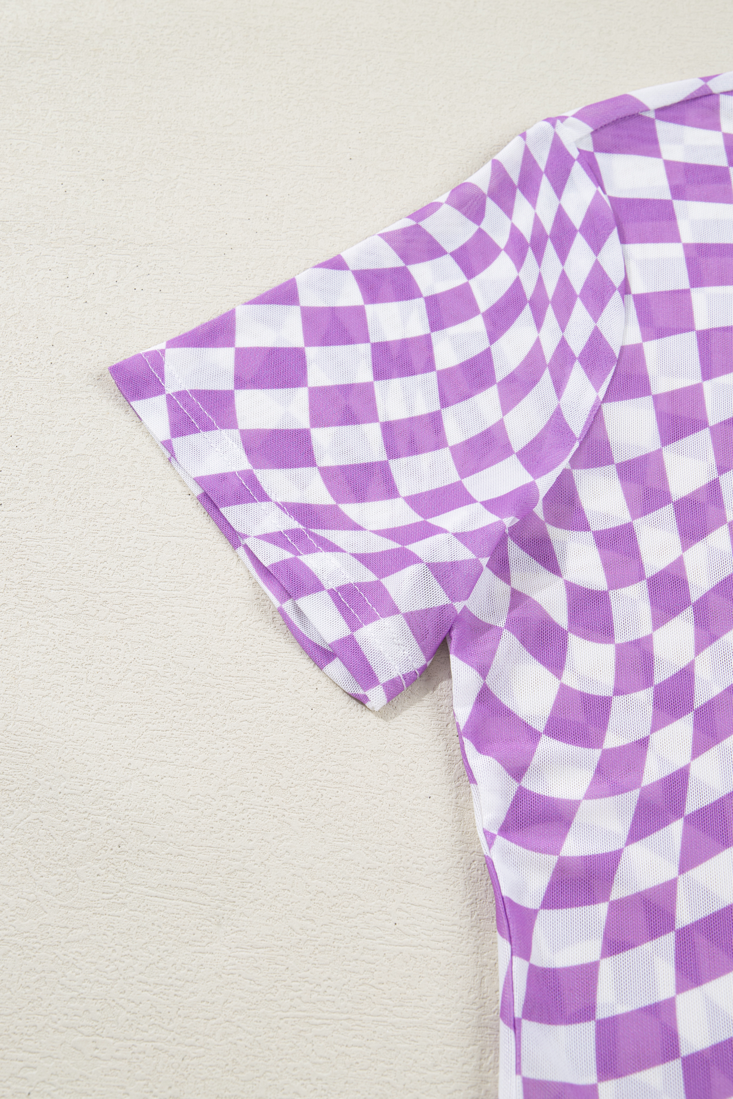 Purple Checkered Print Mock Neck Mesh T Shirt - loveforevers
