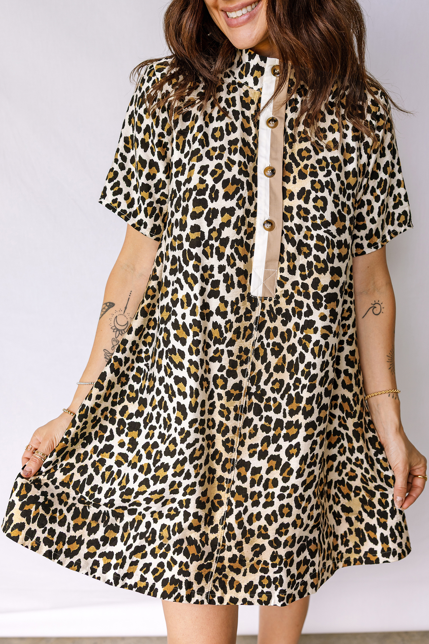 Multicolour Half Buttons Short Sleeve Loose Leopard Mini Dress with Pockets - loveforevers