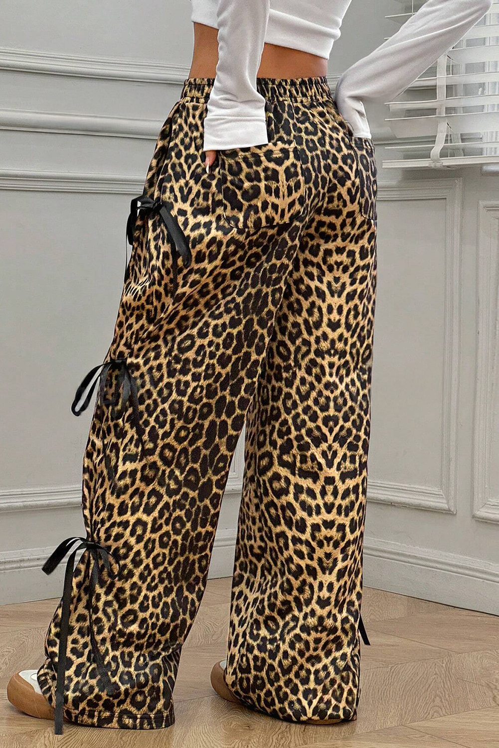 Brown Leopard Print Bow Tie Elastic Waistband Loose High Waist Pants - loveforevers