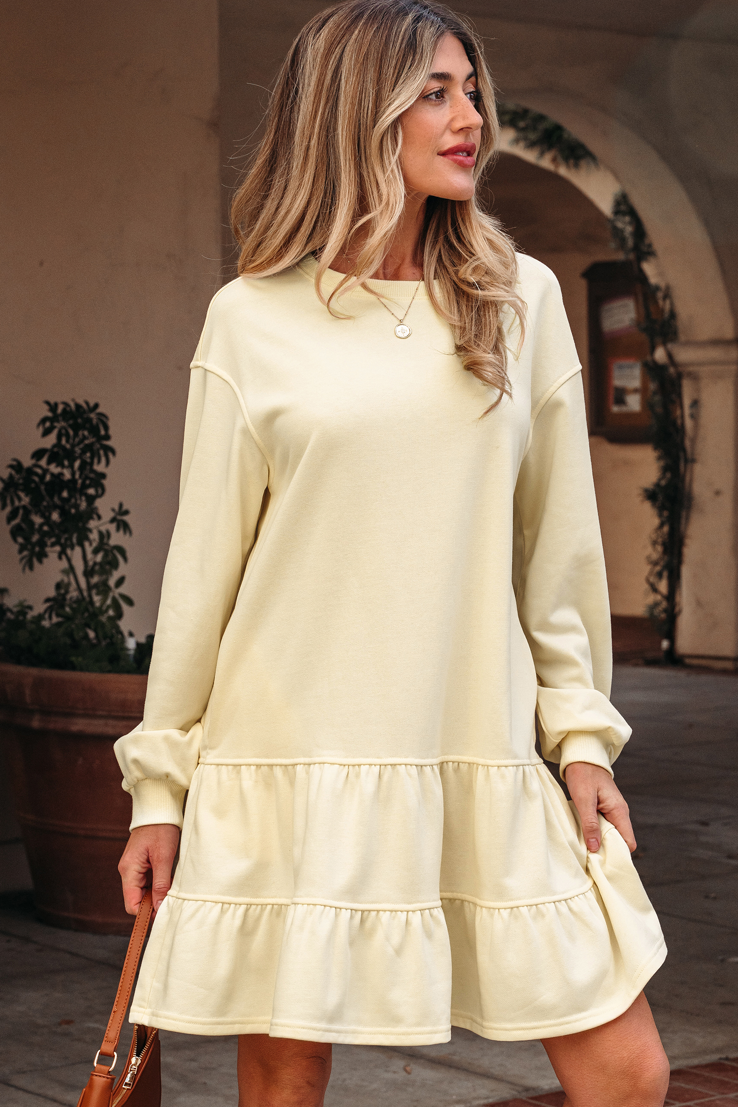 Beige Double Tiered Ruffle Hem Long Sleeve Loose Mini Dress - loveforevers