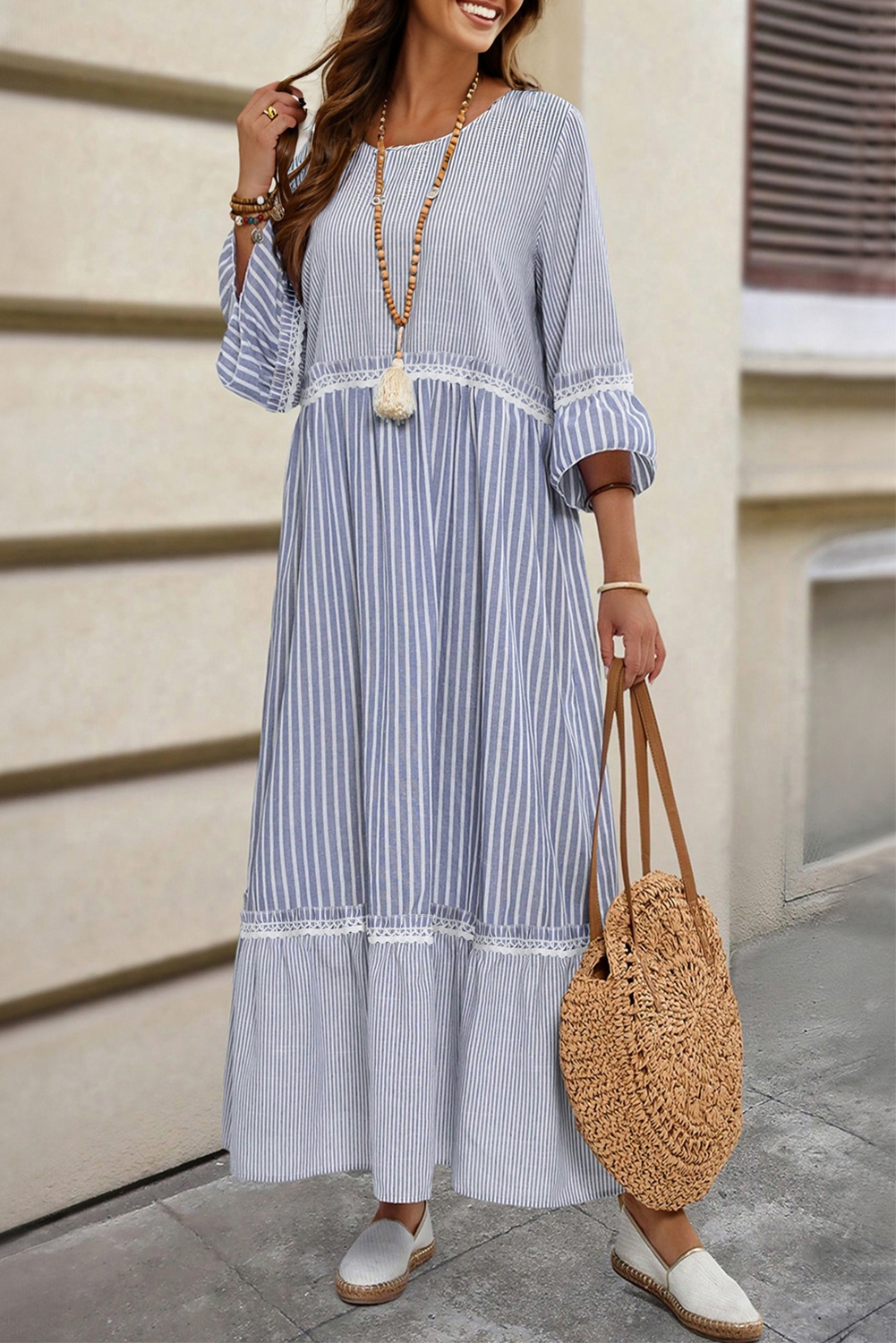 Sky Blue Stripe Patchwork Crossed Lace Detail Bracelet Sleeve Maxi Dress - loveforevers
