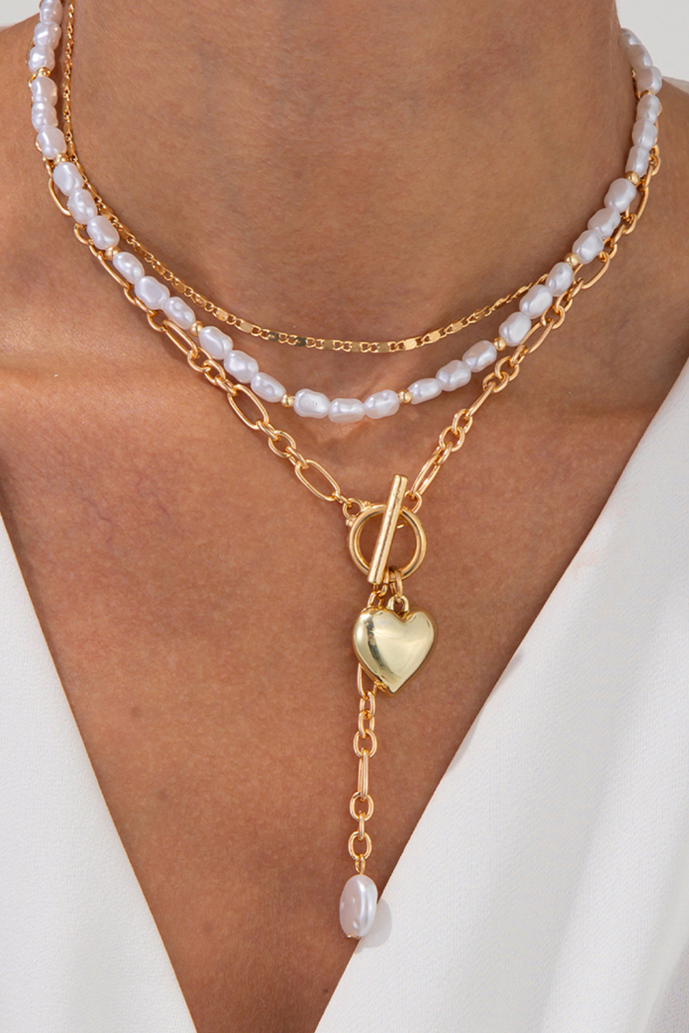 Gold Plated Heart Charm Pearl Chain Layered Necklace - loveforevers